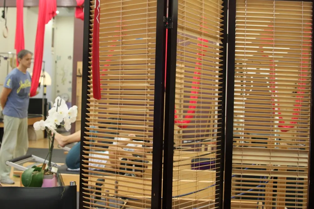 The studio with its wooden screens
